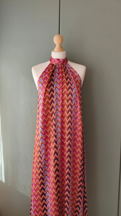 Dea Kudibal – silkkinen maksimekko niskasta solmittavalla kauluksella, pitkä siksak-kuvioinen naisten mekko