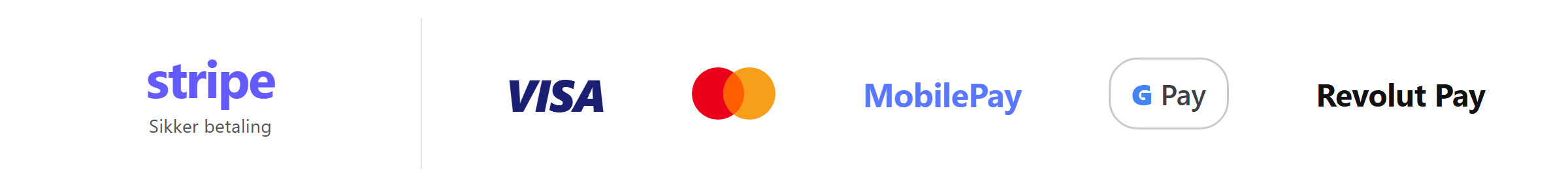 Betalingsmetoder: Visa, Mastercard, MobilePay, Google Pay, Revolut Pay